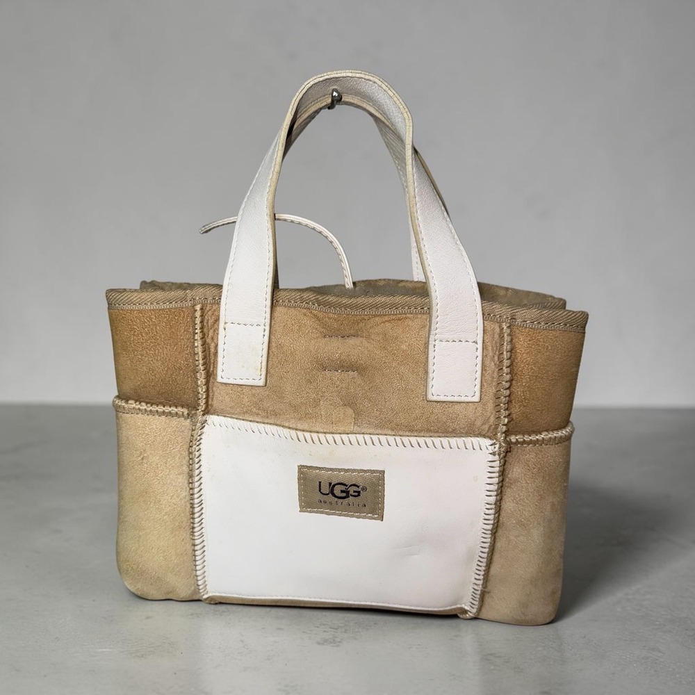 UGG Australia Sheepskin Mini Tote Bag Shearling Patchwork Y2K Tan White Leather